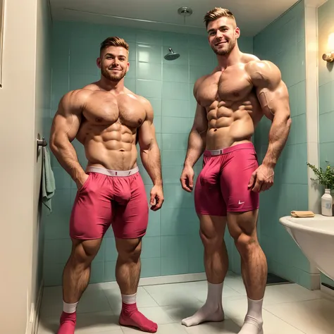 full view full body, one tall musclebound white european red-haired bodybuilder male with clean shaved undercut haircut. Huge over-sized biceps. Standing in a bathroom in front of the shower. Handsome. Massive muscles. Arm lifted to show peaked over-exager...