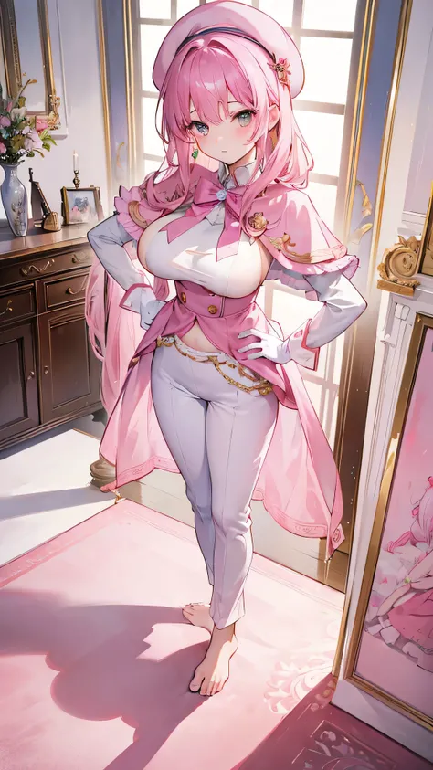 masterpiece, best quality, full body, barefoot, solo, female, big breast, feforrest, beret, pink capelet, pink tunic, white pants, brown gloves, upper body, looking at viewer, shy, from above, mansion, room, finely decorated room, pink theme, big breast bu...