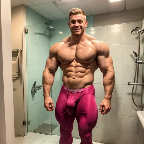 full view full body, one tall musclebound white european red-haired bodybuilder male with clean shaved undercut haircut. Huge over-sized biceps. Standing in a bathroom in front of the shower. Handsome. Massive muscles. Arm lifted to show peaked over-exager...