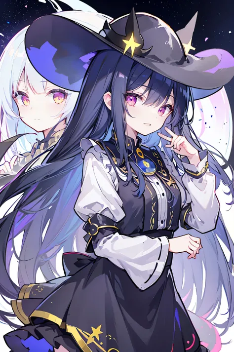 oung Girls,Humanity,A magician always smiles,big witch hat,cute,dark blue long hair,The eyes are dull,The bangs are heavy,Thin eyebrows,fantasy,intake,Double teeth,Star Theme,Constellation pattern,Solid color clothetal decoration,cloak,A bit of a dark atmo...