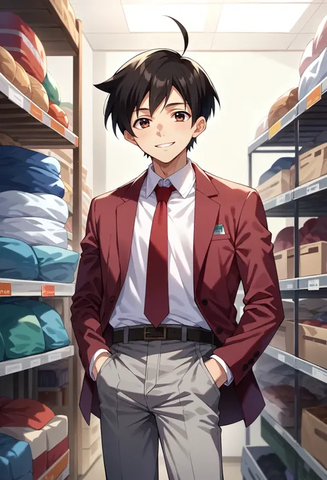 score_9, score_8_up, score_7_up, 1boy, solo,  male focus, sakuTomo, black hair, short hair, ahoge, maroon blazer, long sleeves, red tie, gray pants, white shirt, standing, slight smile, looking at you, hands on pocket, storeroom