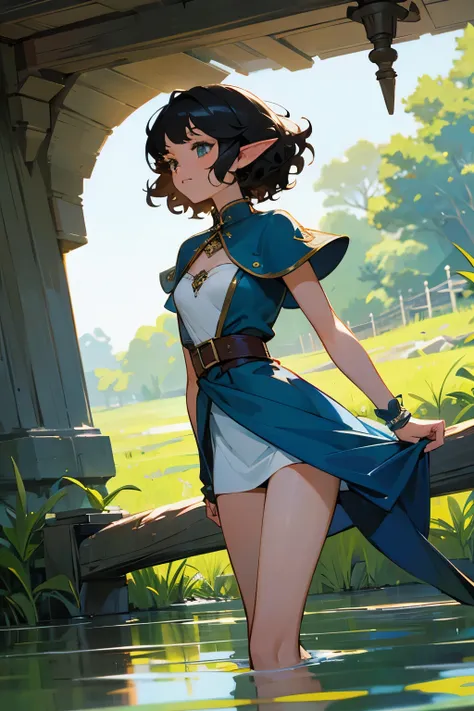 Elf 19 years old, black short curly hair, She&#39;s wearing a black cloak, white stockings, long skirt, and a nice cotton shirt and a blue jacket, full height