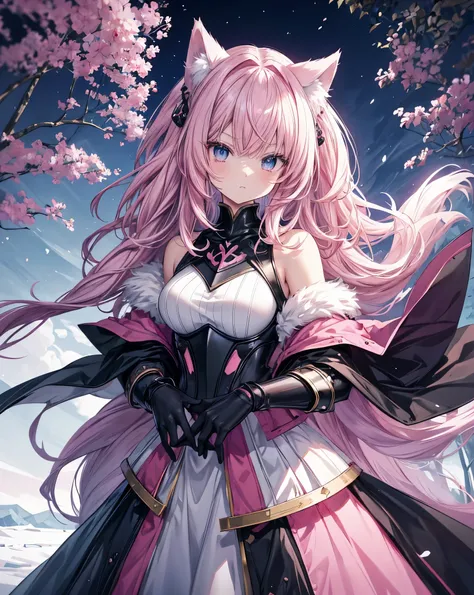 Eyes macro, Anime style war, serious style, 1nekogirl, pink_and_white_cat_ears, fox tail, limited palette, long Straight pink hair, detailed anime blue eyes.  She wear a black intricate war armour, Pink and black cloak . She has bare shoulders. They will f...