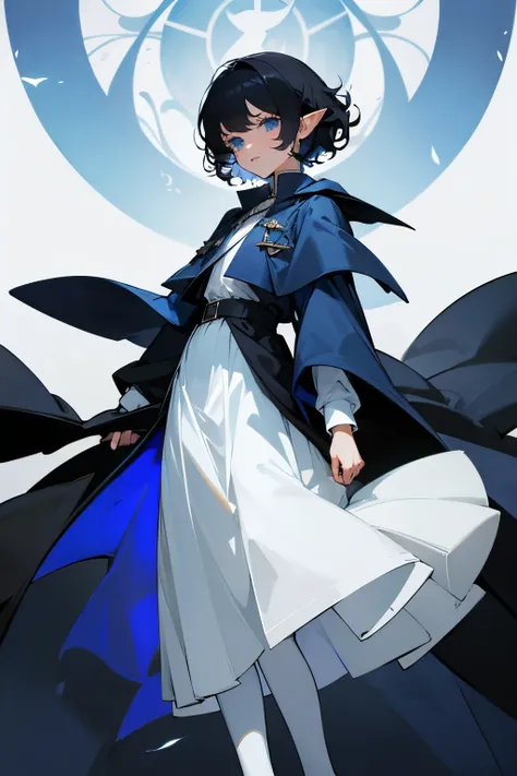 Elf 19 years old, Blue eyes, black short curly hair, white stockings, long skirt, and a nice cotton shirt and a blue jacket, black cloak, full height