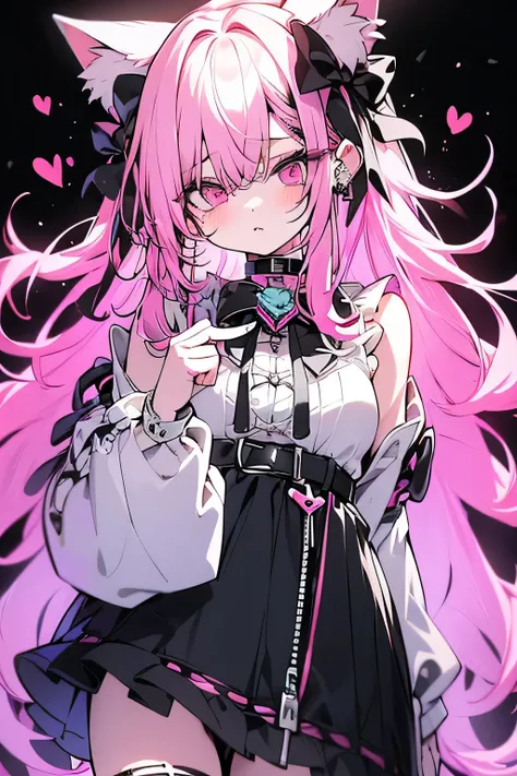 A VTuber with cat ears, long, wavy pastel pink hair with asymmetrical locks, and punk details like piercings and metal clips. She wears a short, pastel-colored dress with bows and lace, paired with black combat boots. Her look mixes cute and sweet with a t...