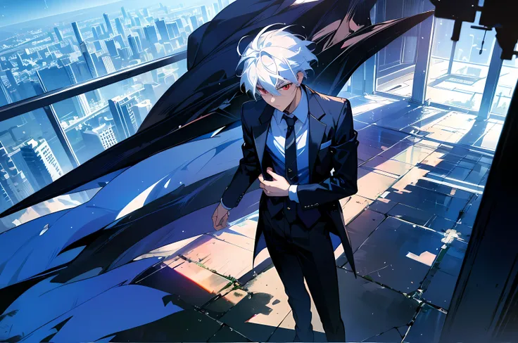 Chico, Alone, standing, adjusting his tie, whole body, a photo of a man in his twenties, shiny black suit, White hair, arranged to one side, Red eyes, big company, large windows, blue and clear sky, Neon colors