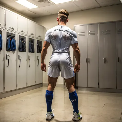 full view full body, one Handsome white european young soccer boy with fresh clea undercut light-brown haircut, muscular, wearing full white soceer suit, cleats, socks, jersey and tight lycra shorts, showing off his big butt in locker room, HQ photo