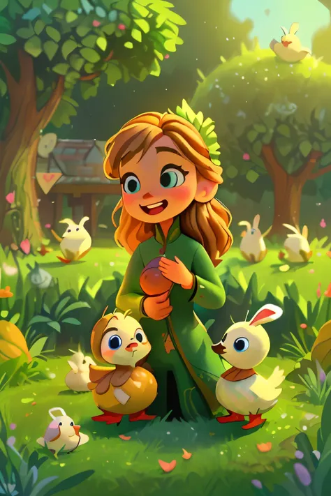 (high resolution: 1.2),Happy moment, medieval mother and 2 daughters, go shopping at village market, cheer, bunnies and duck, beautiful detailed eyes, lush green garden, long flowing hair, traditional medieval clothes,