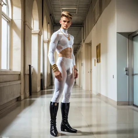 full body view, one cute fashion white european boy with brown undercut haircut, in ultra sheer transparent lycra white outfit, white sheer tights, black steel cap toe boots, silver rings, necklaces, bracelets, looking arrogant at school in corridors