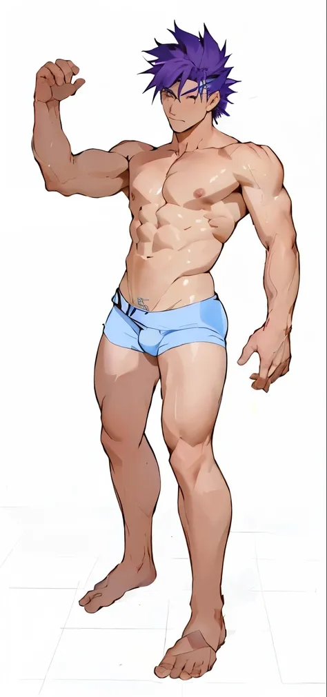 a anime of a man with purple hair and a blue underwear, beefcake pose, full character body, heroic masculine pose, male body, realistically proportioned body, whole body highly detailed, shirtless :: high detail, masculine pose, complete detailed body, rea...