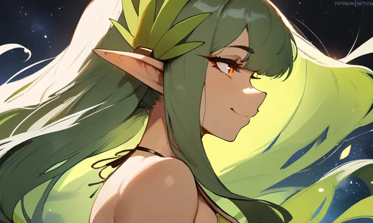 1girl, muelsyse (arknights), arknights masterpiece, best quality, very aesthetic, absurdres, newest simple background, space background. lime bikini, greenery, water, orange eyes,elf ears, slim body,///// ,by nyantcha, , cutesexyrobutts,khyle ,,////// 18...