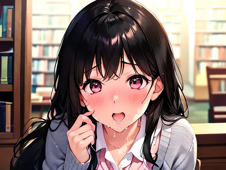 (masterpiece、Attention to detail),(Detailed and accurate face),beautiful girl、18-year-old、((Black Hair、Shortcuts)),(JK、cardigan)、sexy、((blush、Ecstasy face、Trance))、(Sweat),(blowjob),(library)