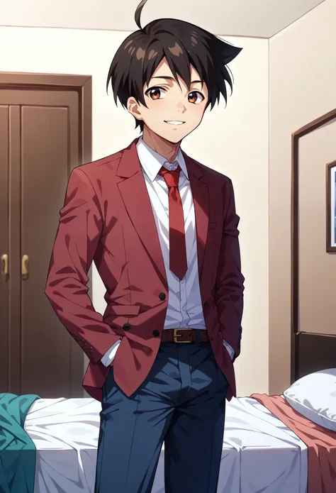 score_9, score_8_up, score_7_up, 1boy, solo,  male focus, sakutomo, black hair, short hair, ahoge, maroon blazer, opened clothes...