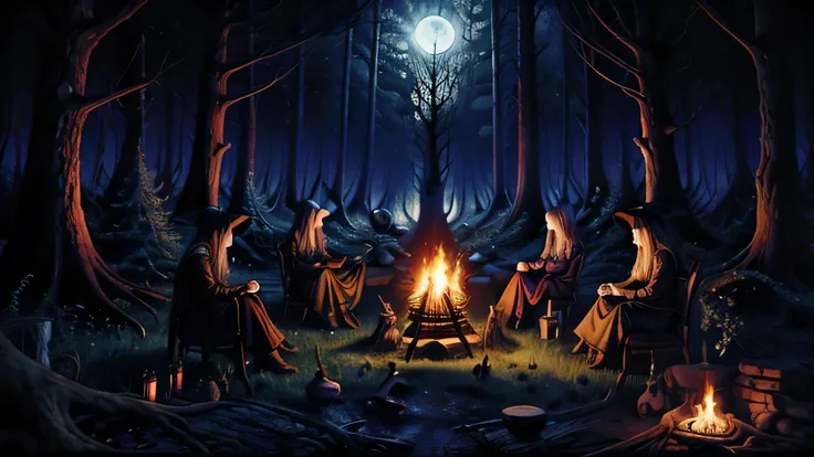 darkspherastyle, witches gathering around fire, dark coven, forest, horror theme, moon on sky, black metal album, darkness, creepy forest