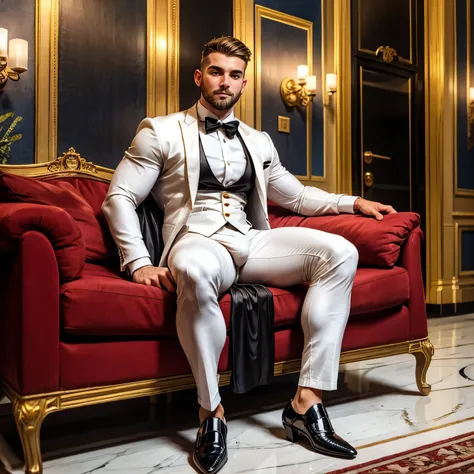 full view, full body, one over-muscular over-bodybuilded handsome white european guy with light-brown undercut haircut, very thin beard, ,no moustache, wearing hyper-tight white lycra suit looking like a tuxedo with black bow tie, black silk thin socks and...