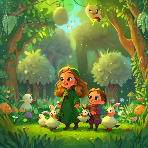 (high resolution: 1.2),Happy moment, medieval mother and 2 daughters, go shopping at village market, cheer, bunnies and duck, beautiful detailed eyes, lush green garden, long flowing hair, traditional medieval clothes,