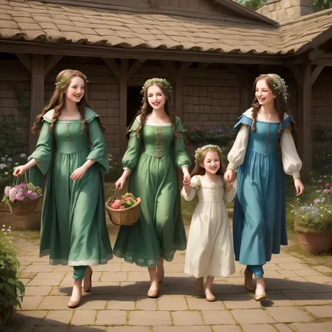 (high resolution: 1.2),Happy moment, medieval mother and 2 daughters, go shopping at village market, cheer, bunnies and duck, beautiful detailed eyes, lush green garden, long flowing hair, traditional medieval clothes,