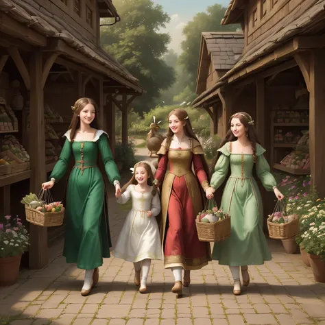 (high resolution: 1.2),Happy moment, medieval mother and 2 daughters, go shopping at village market, cheer, bunnies and duck, beautiful detailed eyes, lush green garden, long flowing hair, traditional medieval clothes,perfect face.