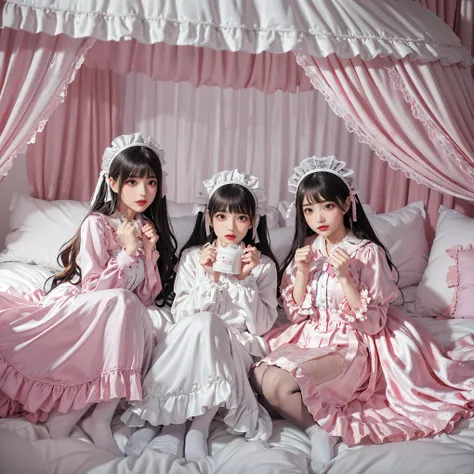 8k resolution, Surreal, Very detailed, high quality, Perfect Anatomy, Perfect Proportions,
((((((A Group photo in bed room at midnight, Satin luxury bed, Three Girls, Group photo)))))),
(((((purple, Wear a black face mask, jirai fashion, Sailor collar, l...