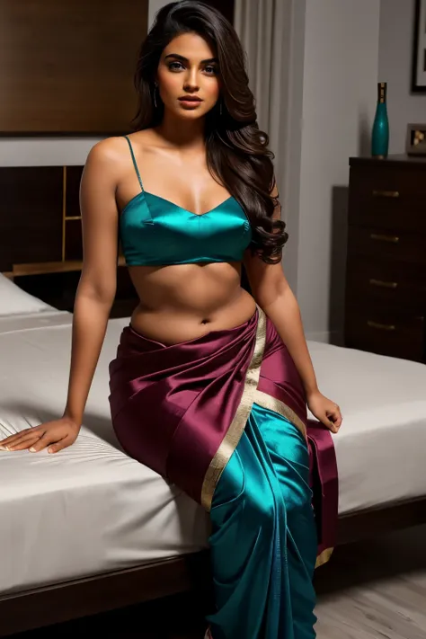 (Sexy tanned indian model, 1girl:1.2, thicc hourglass figure, perfect eyeliner:1.2), (masterpiece:1.4, best quality), slim breasts, unity, (studio background, smoke, wearing cyan maroon saree:1.3, purple sandal heels), laying on a bed, romantic pose, oiled...