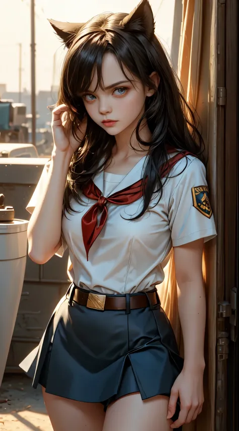 very young slim fit girl, pioneer neckerchief, very short blue skirt, bangs, collarbone, tight white shirt, bursting breast, short sleeves, collared shirt, belt, red neckerchief, full height, rounded face, very long straight hair, big brown eyes, evil smil...