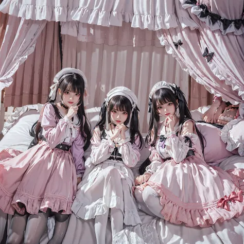 8K resolution, surreal, Super detailed, high quality, perfect anatomy, perfect proportion,
((((((A group photo in bed room at midnight, satin luxurious bed, 3 girls, group photo)))))),
(((((purple, wearing black face mask, jirai fashion, sailor collar, l...