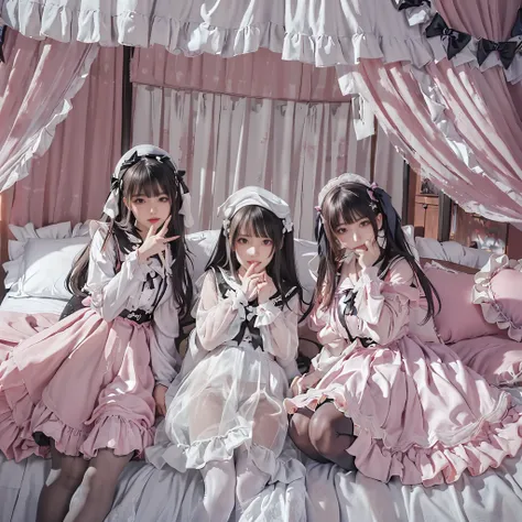8K resolution, surreal, Super detailed, high quality, perfect anatomy, perfect proportion,
((((((A group photo in bed room at midnight, satin luxurious bed, 3 girls, group photo)))))),
(((((purple, wearing black face mask, jirai fashion, sailor collar, l...