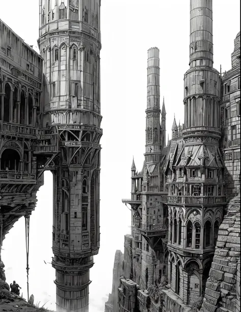 (((steam punk))), (((monochrome))), (((simple))), a drawing of a rotten ruins building on a wilderness mountain, inspired by jea...