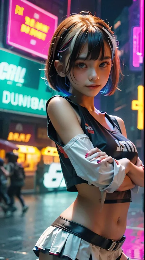 A colorful Bob cut haired punk canadian girl, smooth white skin, innocent look, 15 years old, Ultra high res, uhd, photorealistic, cyberpunk outfit, ripped shirt, wink, smiling ear to ear, neon lighting, crop top vest, wearing short skirt, colorful loose s...