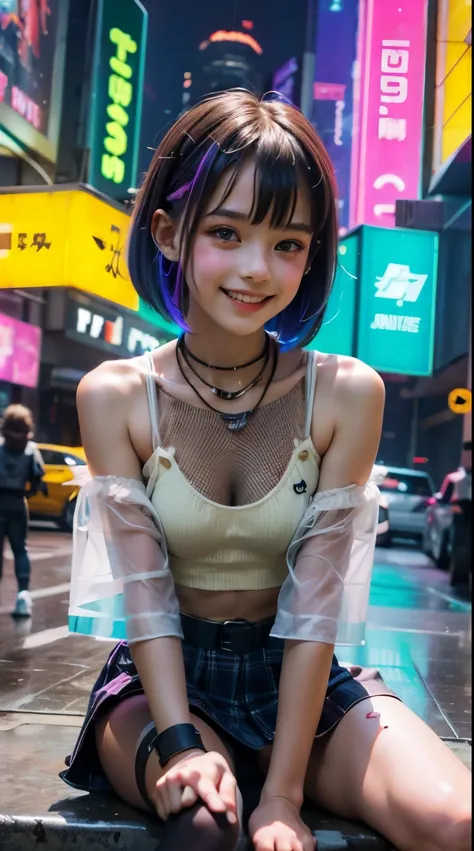 A colorful Bob cut haired punk canadian girl, smooth white skin, innocent look, 15 years old, Ultra high res, uhd, photorealistic, cyberpunk outfit, ripped shirt, wink, smiling ear to ear, neon lighting, crop top vest, wearing short skirt, colorful loose s...