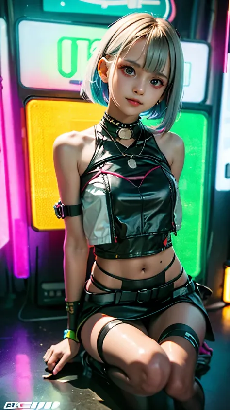 A colorful Bob cut haired punk canadian girl, smooth white skin, innocent look, 15 years old, Ultra high res, uhd, photorealistic, cyberpunk outfit, ripped shirt, wink, playful enticing expression, neon lighting, crop top vest, wearing short skirt, colorfu...