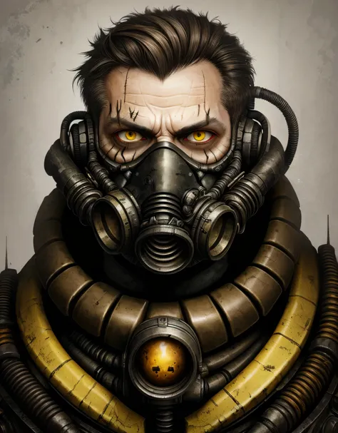 a male cyborg with mechanical head parts and wires, yellow eyes, black makeup, grunge background, man in gas mask looking at yel...