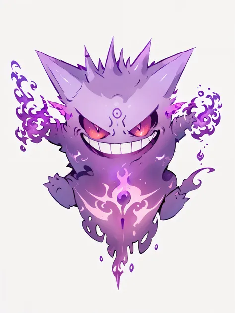 purple and white graphic of a demon with flames on it, gengar, grimace, blazing infero, evil aura, evil expression, grinning sin...