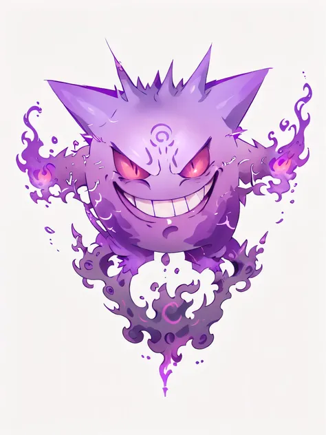 purple and white graphic of a demon with flames on it, gengar, grimace, blazing infero, evil aura, evil expression, grinning sin...