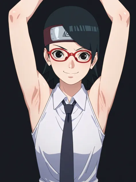 score_9, score_8_up, score_7_up, source_anime, 1girl, solo, sarada uchiha, short hair, black hair, black eyes, red-framed eyewea...