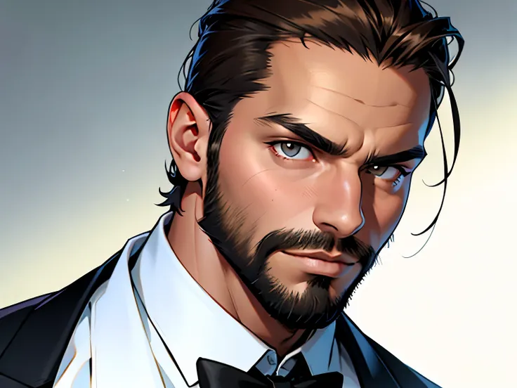 30 YEAR OLD MAN with determined look and expression, LOOKING straight at the camera , face and bust view, short black slicked back hair and short black beard , basic formal wear, neutral background , light brown eye