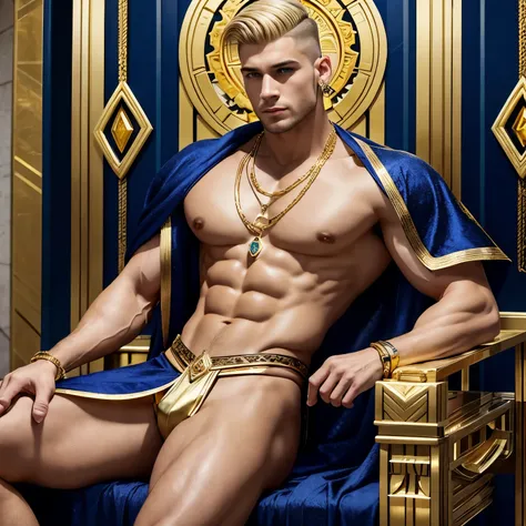 ull body view, a muscular white european over-bodybuilded handsome man with undercut clean haircut of his brown and gold blonde streaks haircut, in Neo-Byzantine Futurist style, golden socks, indigo and gold clothing, gold rings, necklaces, bracelets, pier...