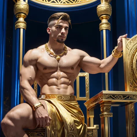 ull body view, a muscular white european over-bodybuilded handsome man with undercut clean haircut of his brown and gold blonde streaks haircut, in Neo-Byzantine Futurist style, golden socks, indigo and gold clothing, gold rings, necklaces, bracelets, pier...