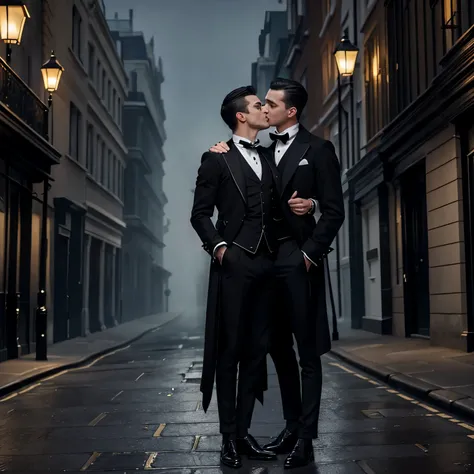 full body view, a stunnig white european male attractive vampire with a victorian dapper attire, shiny elegant shoes, black socks, classic clean shaved preppy haircut of his dark hair, ruby rings, he watches in a deserted street in London for a foggy night...