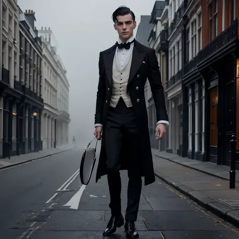 full body view, a stunnig white european male attractive vampire with a victorian dapper attire, shiny elegant shoes, black socks, classic clean shaved preppy haircut of his dark hair, ruby rings, he watches in a deserted street in London for a foggy night...