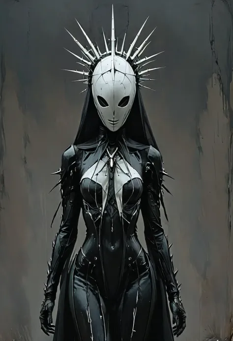 front view of a dark priestess holy cyborg necromancer girl wearing a white veil with a tiara and spiky crown on her head, symmetrical composition, oil painting style artstation concept character design in the style of James Gurney and Greg Rutkowski and R...