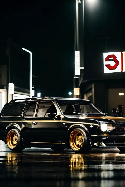 a black an golden  (((Datsun 510 Wagon))) fast and furious, with custom body kit, nippon tuning, Shibuya at Night, ultra detailed cinematic lights and reflections, reflecting streets after rain, (((Gritgirl staying neare the care)))