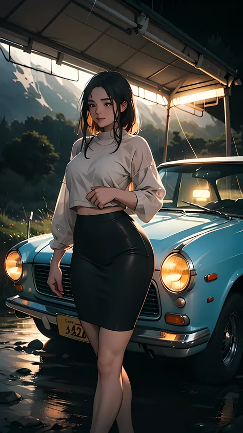 A young couple is camping on the mountain. The woman is wearing tight clothes. Her hips are big. She is passing by a vintage car. She is looking for water. It is raining. She is staying at night.