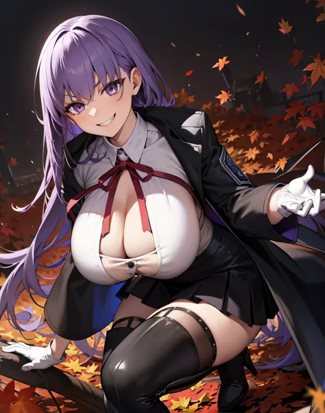  Isoscale, Mid Shot,  night, ,,, Purple Hair, Black jacket, White shirt, Black Skirt, Red ribbon, Big Breasts, Purple eyes, White gloves, Long Hair, Large collar, Wicked Smile,Grin,Thigh-high boots,(Wicked Smile:1.3),Highly detailed CG Unity 8K wallpapers,...