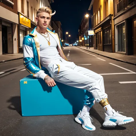 full view full body, one handsome over-muscular and over-bodybuilded young white male with long demon blue and gold horns, blond preppy undercut clean haircut, angelic face, tanned, in shiny light-blue rubber suit and white socks, white chunky hyper-fashio...