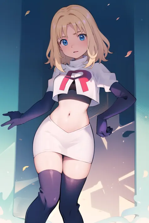 1girl, sxhelen, blonde hair, medium hair, blue eyes, team rocket,team rocket uniform,white skirt,red letter R,crop top,black thigh-highs,black elbow gloves, forest,