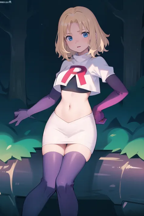 1girl, sxhelen, blonde hair, medium hair, blue eyes, team rocket,team rocket uniform,white skirt,red letter R,crop top,black thigh-highs,black elbow gloves, forest,