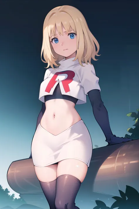 1girl, sxhelen, blonde hair, medium hair, blue eyes, team rocket,team rocket uniform,white skirt,red letter R,crop top,black thigh-highs,black elbow gloves, forest,