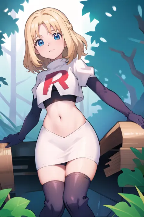 1girl, sxhelen, blonde hair, medium hair, blue eyes, team rocket,team rocket uniform,white skirt,red letter r,crop top,black thi...