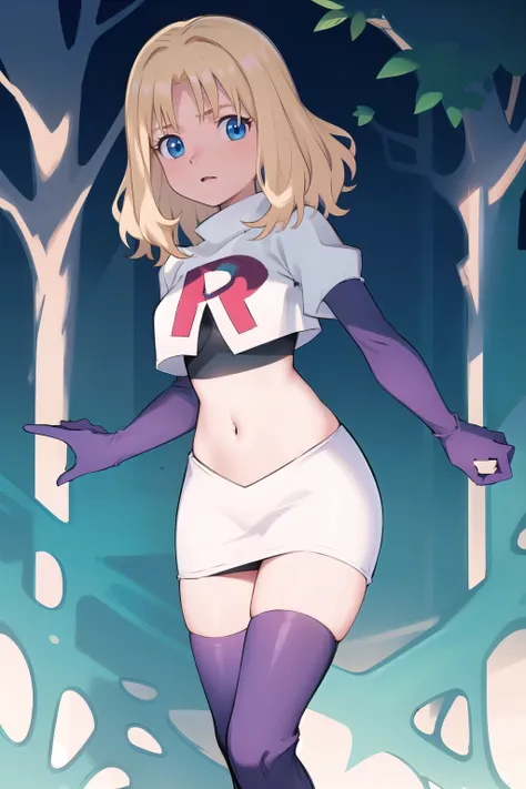 1girl, sxhelen, blonde hair, medium hair, blue eyes, team rocket,team rocket uniform,white skirt,red letter r,crop top,black thi...